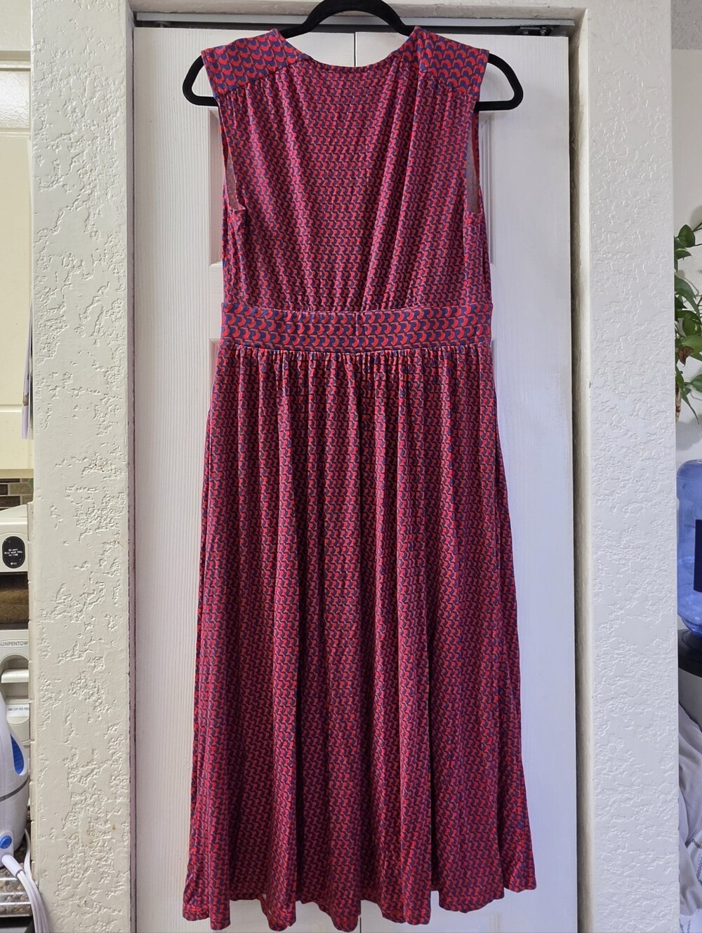 Boden Thea Sleeveless Red And Blue Patterned Midi Dress - Picture 3 of 8